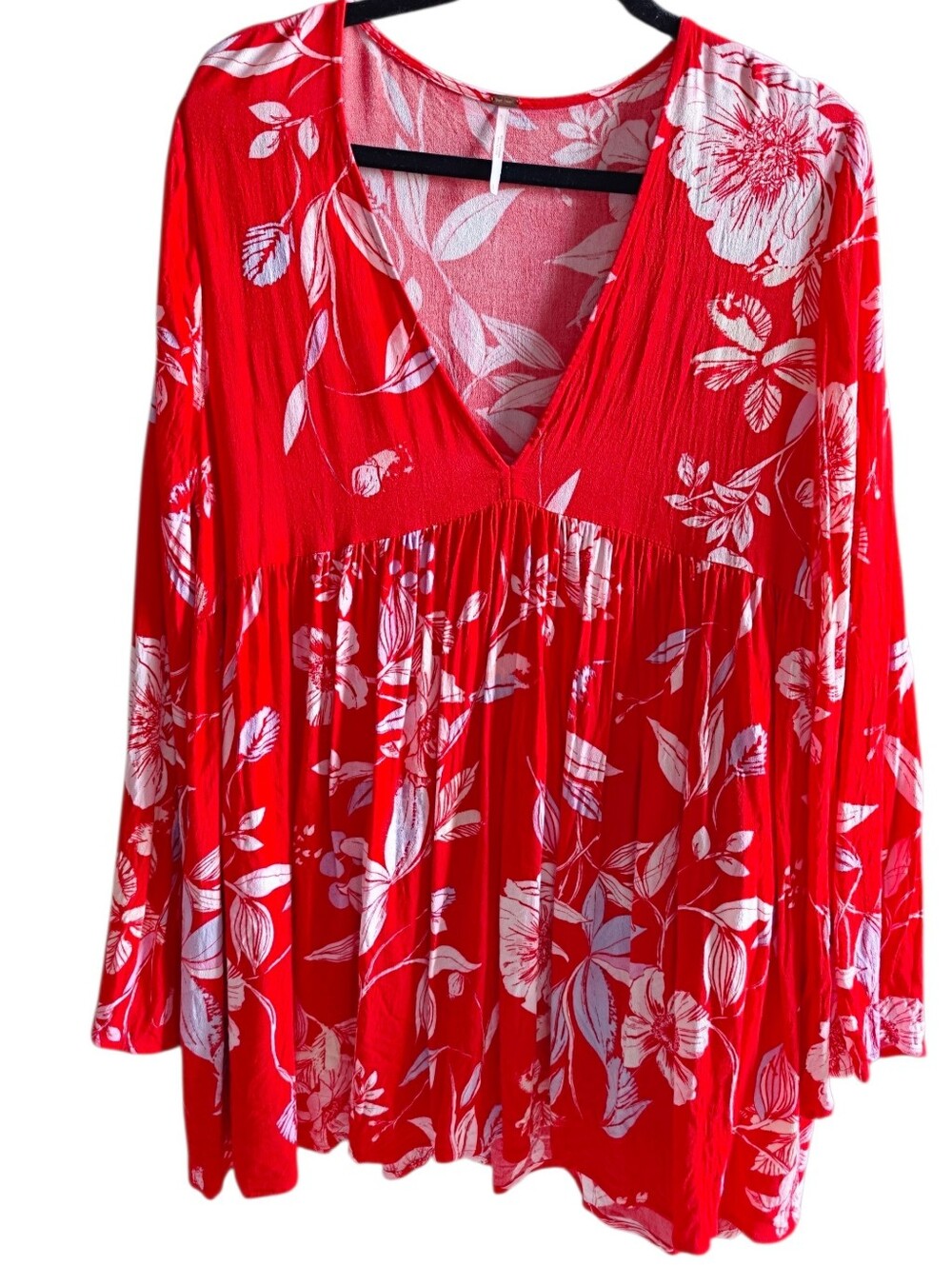 Free People Red Floral V-Neck Tunic Mini Dress Size M